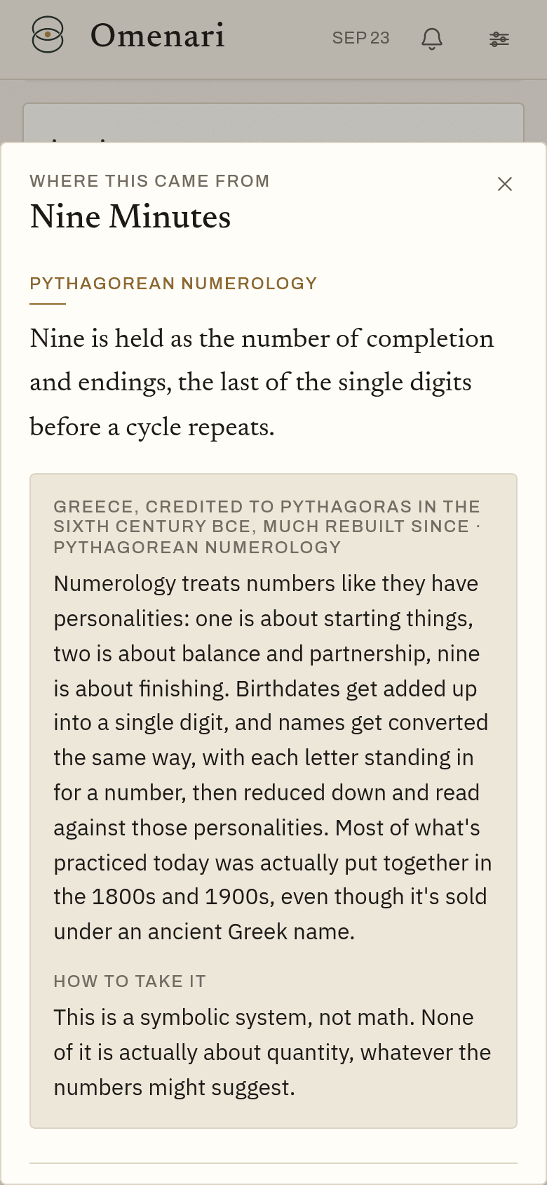 The traditions behind a reading in Omenari, in a sheet headed Where this came from: the tradition in brass small capitals, what it holds, where the material comes from, and a note headed How to take it.